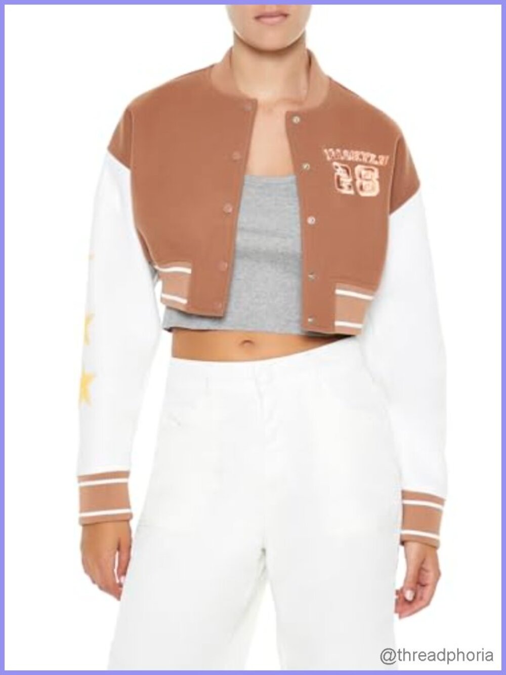 Cropped Varsity Letterman Jacket Aviator Bomber with Chenille Patches